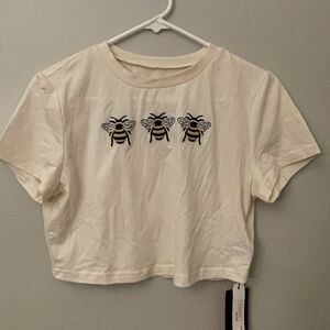 ROMWE White Crop Top with Bee Embroidery